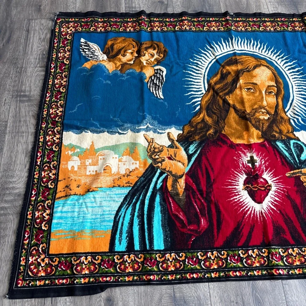 Unbranded Sacred Heart Jesus Tapestry Unisex Large Blue Woven Wall Hanging 39X54